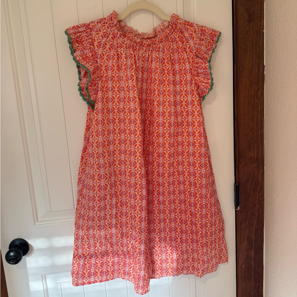 THML Orange Printed Flutter Sleeve Dress with Green Trim